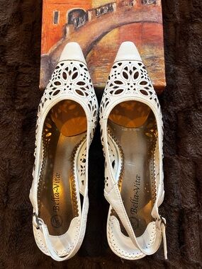 Bella Vita White Laser-Cut Pointed Slingback Heels
